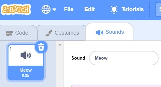 Sounds tab highlighted in blue in Scratch.