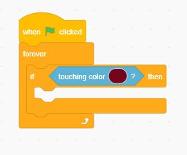 "When green flag clicked", a forever loop, and an if (touching colour block) then" blocks all combined in Scratch.