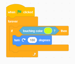 A turn 180 degrees blocks added to a block of code.