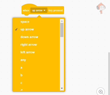 "when up arrow key pressed" being displayed as block code in scratch.
