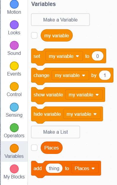 Different variable blocks in Scratch.