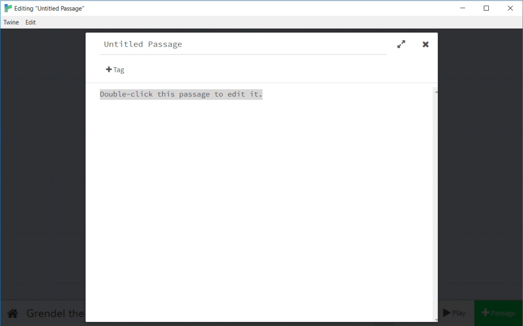 The passage window in Twine showing default text fields. 