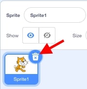 A red arrow pointing to the cat sprite.