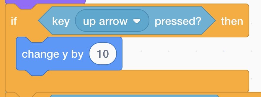 Close up of "if key up arrow pressed? then" block in Scratch
