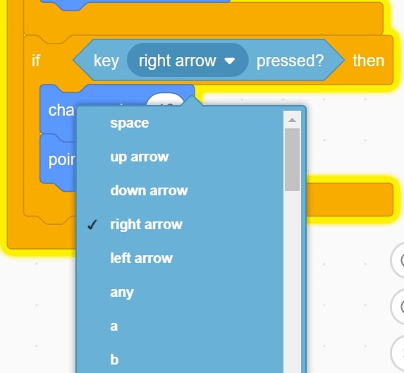 "If key right arrow pressed? then" block with different direction options