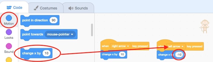 Motion block that reads "Change X by 10" with a "when left arrow clicked" block above it.