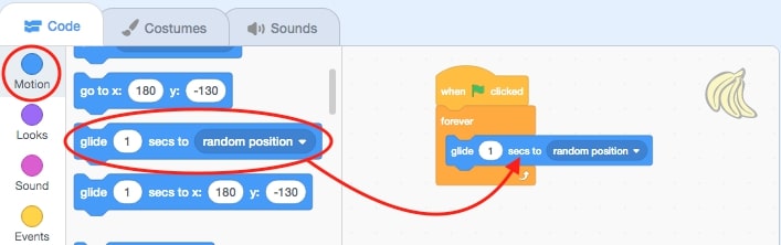 Glide block is circled with a red circle and and area pointing towards the script area.