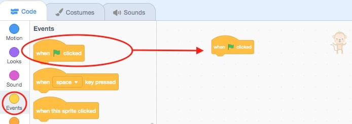Events block when green flag clicked is dragged into the script area.