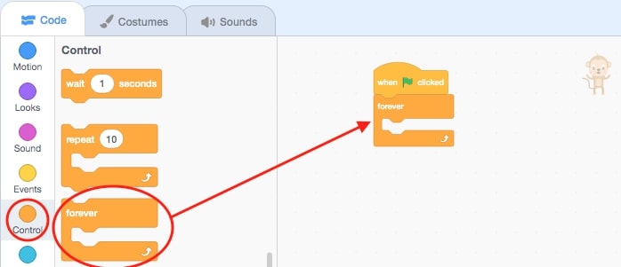 The control block, forever loop, is brought over into the script area.