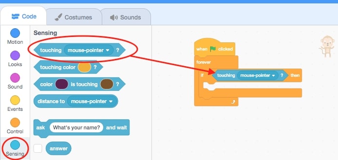 The sensing block called touching mouse pointer is brought into between the if and then block.