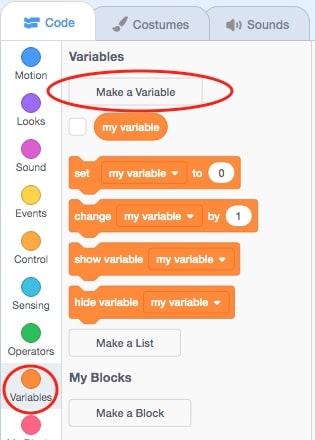 The variables section is circled in the right hand corner, and at the top the Make a Variable option is circled.