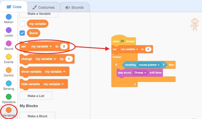 The set variable block is circled and has an arrow going towards the script area.