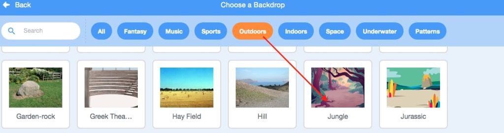 The backdrop tab with outdoor highlighted and an arrow pointing towards the jungle backdrop.