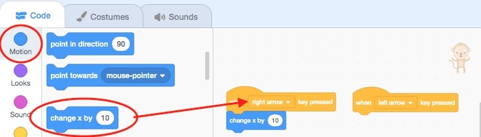 Motion block that reads "Change X by 10" with a "when right arrow clicked" block above it.