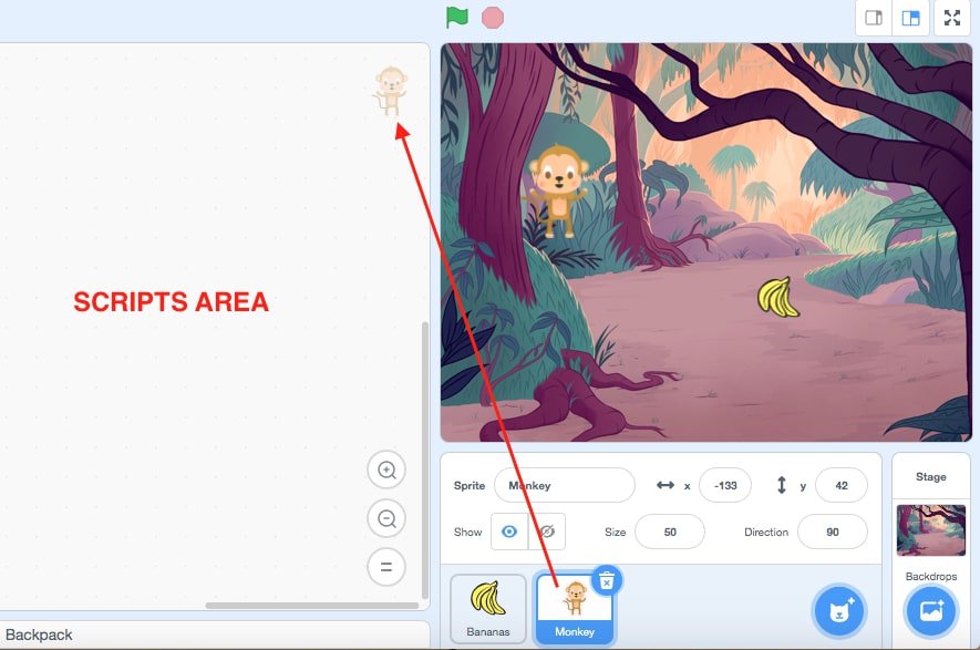The monkey sprite is highlighted with script area wrote in red letters.