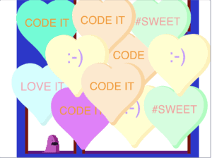 Hearts stacked on top of each other with code related words on it.