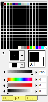 RGB, HSL, HSV colour palette options shown at the bottom of the colour palette window.