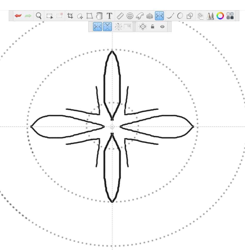 The straight lines are now in the shape of a V between each petal.