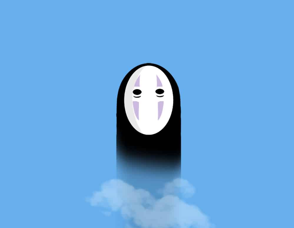 Art work of Studio Ghibli's No-Face character against a light blue background. Fog surrounds the bottom of No-Face.