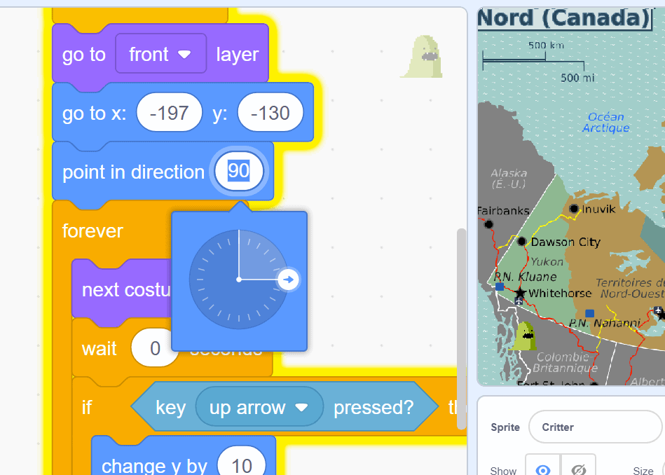 Block code in Scratch with the "point in direction 90" block being changed
