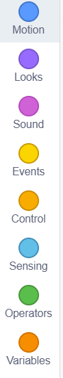 Different coding block sections displayed in Scratch