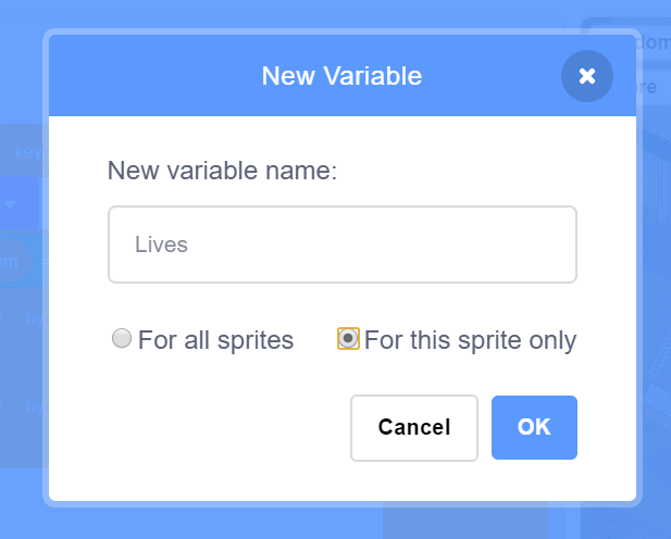 New Variable window in Scratch