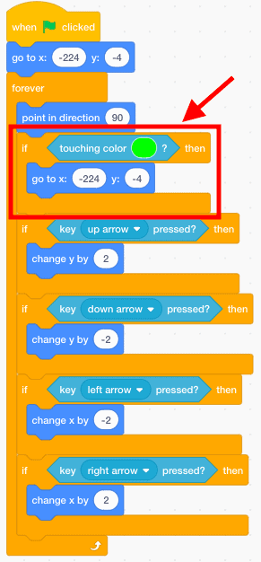 Scratch code blocks with an area of code outlined in red.