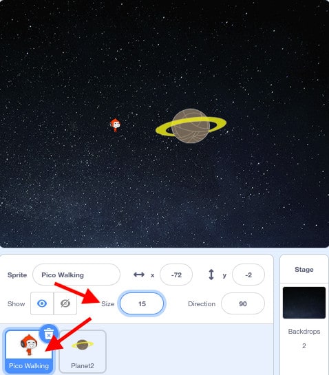 A scene with the Planet sprite and Pico Walking sprite displayed overtop of a star background. A red arrow points towards "Size: 15" and the "Pico Walking" sprite.