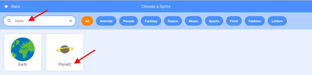 Choose a sprite window open in Scratch. "Planet" is typed in the search bar, red arrows point towards the search bar and planet sprite.