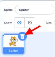 Sprite selection window in Scratch. A red arrow is pointing towards Scratch cat.