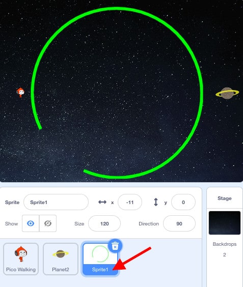 Scratch screenshot with an arrow pointing towards the circle sprite.