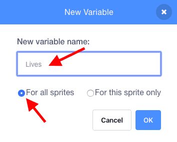 Naming a new variable in Scratch. Red arrows point to the name and the "For all sprites" box.