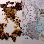 Pasta and beans spread out to make a map on the left side, with a drawn map on the right side.