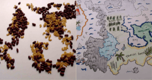Pasta and beans spread out to make a map on the left side, with a drawn map on the right side.