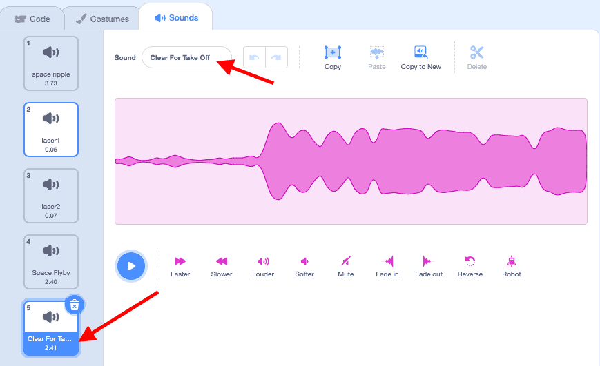 Red arrow pointing to sound list.