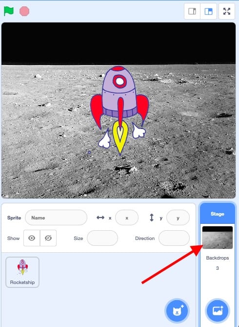 A red arrow indicating to click on the backdrop in the Stage menu, so you can code your backdrop.