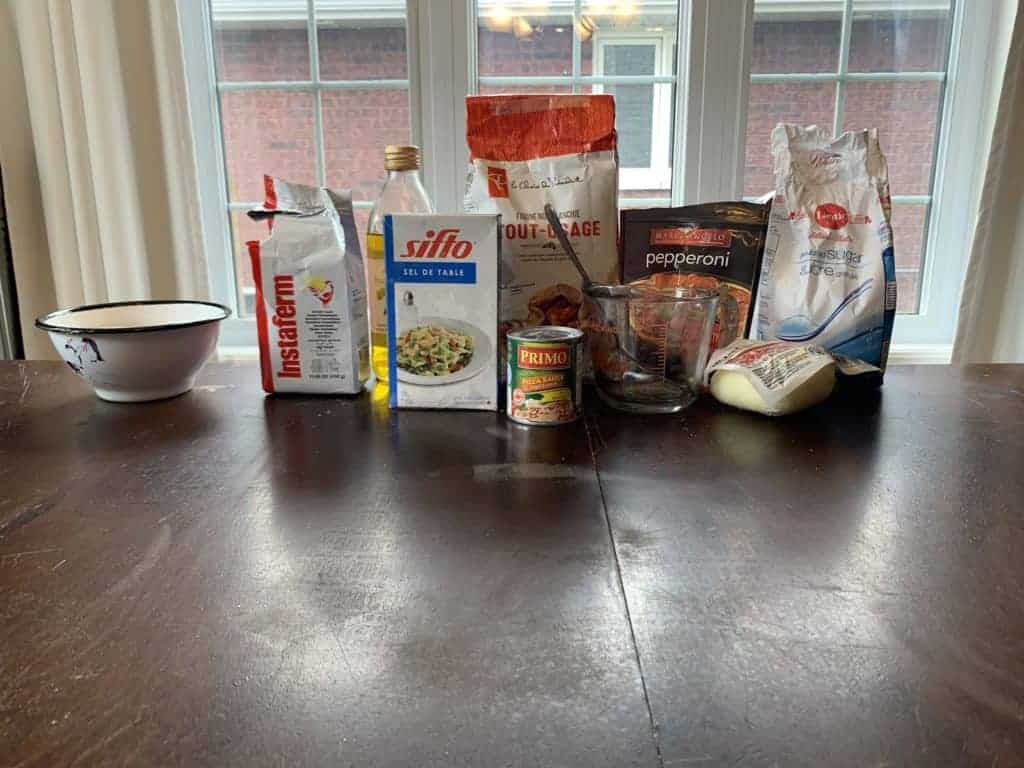 Food products sitting on a table.