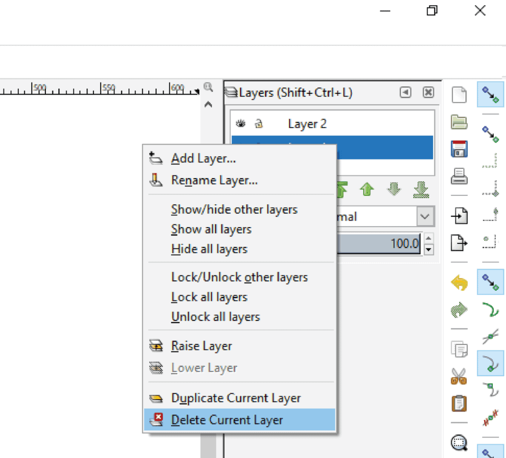 Delete layer open in a drop down menu. Opens when you right click your layer in Inkscape.