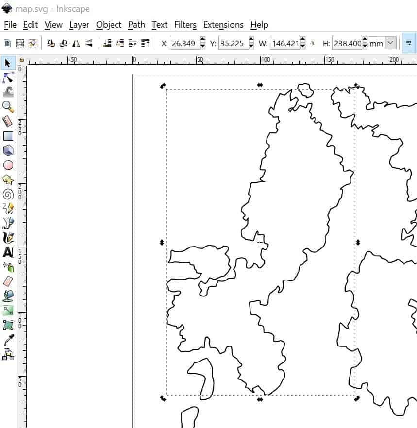 A map created in Inkscape. The selection tool has selected a small portion of the map.