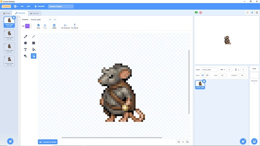 Mouse sprite uploaded to Scratch, all the frames are available.