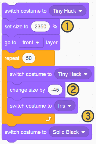 Block code in Scratch for making a transition scene