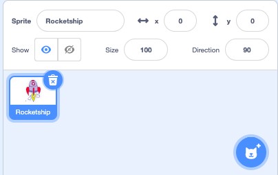 The Rocket Ship sprite selected in the sprites pane in Scratch.
