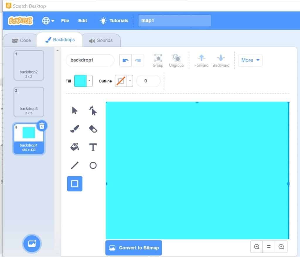 Rectangle tool used to fill backdrop colour in Scratch.