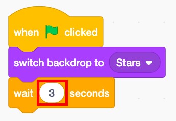 The wait time was changed to 3 seconds in the "wait __ seconds" Control block in Scratch.