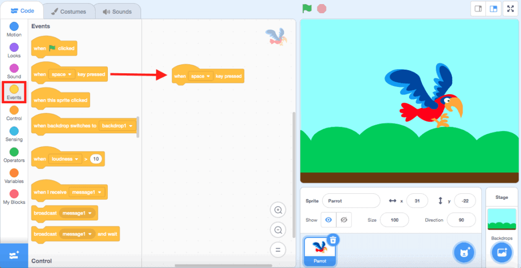 Identify four sensing blocks used in Scratch and describe what they do.