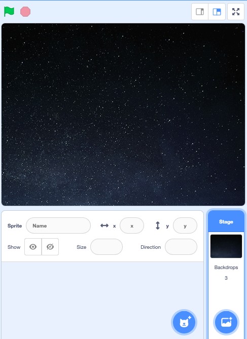 A Space backdrop chosen in the Stage menu in Scratch.