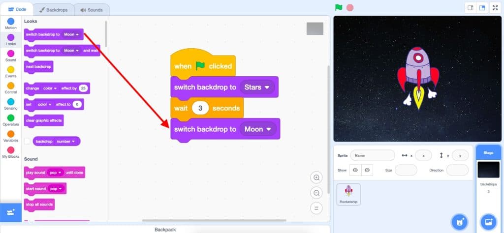 Another switch backdrop block added, this time changing the backdrop to the Moon backdrop in the drop down menu.
