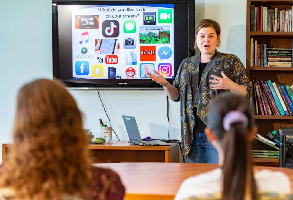 Ember Schincariol presenting content to classrooms in Thunder Bay