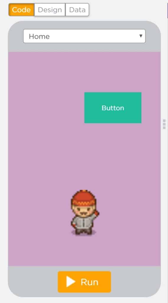 A phone screen with three buttons above for selection. The buttons read Code, Design, and Data. There is a drop-down menu to choose a screen and a run button at the bottom.