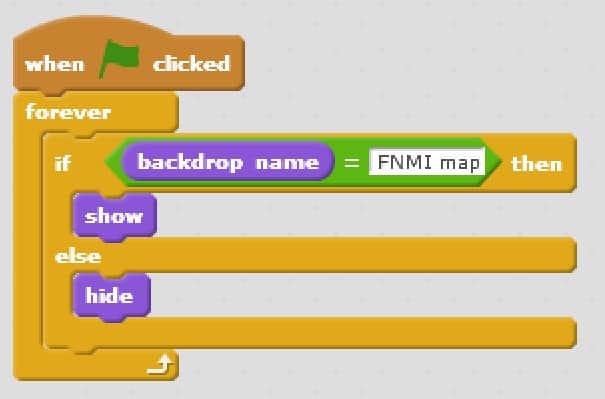 A code block that shows how to change the compass sprites and word sprites to be hidden when they are not on the opening background.